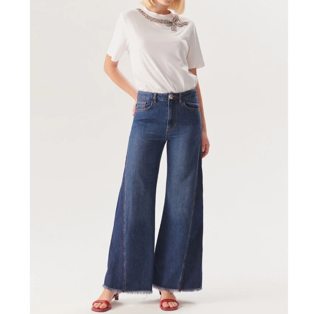 Exquise Lola D. Pants Indigo Wide Leg Raw Hem Denim Jeans size US 4 NWT
